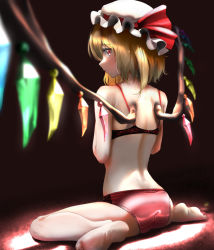 Rule 34 | 1girl, ass, back, bare arms, bare legs, bare shoulders, blonde hair, blurry, bow, bra, commission, crystal, depth of field, flandre scarlet, from behind, full body, hat, hat ribbon, highres, looking at viewer, looking back, medium hair, mob cap, panties, pixiv commission, red bow, red eyes, red panties, red ribbon, ribbon, sitting, solo, strap slip, tama (tamago), touhou, underwear, underwear only, wariza, white hat, white legwear, wings