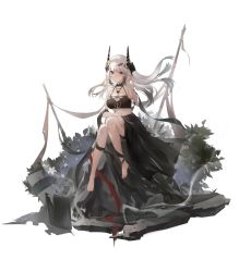 Rule 34 | 1girl, absurdres, arknights, barefoot, bikini, black bikini, black skirt, blush, breasts, cleavage, demon horns, floating hair, flower, full body, grey hair, hair flower, hair ornament, hand on own cheek, hand on own face, hand up, highres, horns, jewelry, large breasts, long hair, looking at viewer, material growth, mie mie shuang pi nai, mudrock (arknights), mudrock (silent night) (arknights), necklace, official alternate costume, oripathy lesion (arknights), pink flower, red eyes, simple background, sitting, skirt, solo, stomach, swimsuit, white background, yellow flower