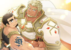 Rule 34 | 2boys, arm around waist, armor, bara, bare shoulders, black hair, blonde hair, blush, breastplate, brown eyes, couple, crave saga, dark-skinned male, dark skin, earrings, excalibur (crave saga), eyebrow cut, facial hair, forked eyebrows, from above, goatee, highres, jewelry, knight, male focus, multiple boys, muscular, muscular male, pauldrons, protagonist (crave saga), short hair, shoulder armor, shoulder tattoo, sideburns, sleeveless, suv (suv032), tattoo, textless version, thick eyebrows, yaoi