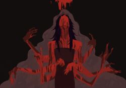 Rule 34 | 1girl, abstract background, bare shoulders, black hair, blood, blood on face, chinese commentary, commentary request, dark, dress, evernight goddess, extra arms, ganle370, long hair, looking up, lord of the mysteries, red dress, red theme, solo