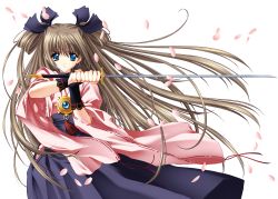 Rule 34 | absurdres, blue eyes, brown hair, carnelian, highres, huge filesize, japanese clothes, long hair, miko, push!!, solo, sword, weapon