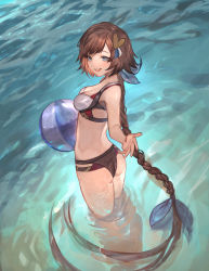 Rule 34 | 1girl, absurdres, aqua eyes, ass, ball, beachball, bikini, blush, braid, breasts, brown hair, butt crack, cleavage, collarbone, commentary request, granblue fantasy, hair ornament, hair ribbon, highres, leona (granblue fantasy), looking at viewer, looking back, multicolored bikini, multicolored clothes, neko yuusya, open hand, open mouth, outstretched arm, ribbon, short hair, single braid, small breasts, solo, standing, swimsuit, teeth, wading, water