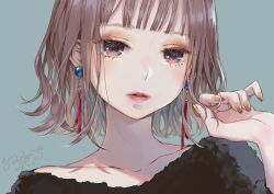 Rule 34 | 1girl, ao+beni, blunt bangs, brown eyes, brown hair, brown nails, collarbone, dated, earrings, half-closed eyes, jewelry, lipstick, looking at viewer, makeup, nail polish, original, parted lips, playing with own hair, portrait, short hair, signature, simple background, solo