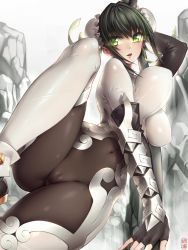 Rule 34 | 1girl, arm guards, black hair, bodysuit, breasts, bun cover, cameltoe, cleft of venus, covered erect nipples, covered navel, double bun, fate/grand order, fate (series), fingerless gloves, gloves, green eyes, hair bun, highres, large breasts, lips, naidong (artist), navel, open mouth, polearm, qin liangyu (fate), skin tight, solo, spread legs, weapon