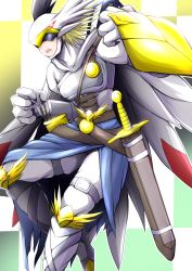 Rule 34 | arrows, belt, covered eyes, digimon, feathers, head wings, highres, sword, valkyrie, valkyrimon, weapon, wings