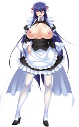 Rule 34 | 1girl, akiyama rinko, aoi nagisa (metalder), apron, blue hair, breasts, breasts out, curvy, embarrassed, full body, game cg, hand on own hip, heart pasties, highres, large breasts, lilith-soft, long hair, looking at viewer, maid, maid apron, maid headdress, nipples, no bra, pasties, puffy nipples, purple eyes, shiny clothes, shiny skin, simple background, smile, solo, standing, taimanin (series), taimanin yukikaze, taimanin yukikaze 2, underboob, very long hair