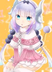 Rule 34 | 1girl, blue eyes, bow, capelet, cardigan, dragon horns, dress, drop shadow, feet out of frame, frilled capelet, frills, fur-trimmed capelet, fur trim, hair bow, hairband, head tilt, hiiro (0h11r0), horns, kanna kamui, kobayashi-san chi no maidragon, long hair, long sleeves, looking at viewer, low twintails, orange background, over-kneehighs, parted lips, pink cardigan, sidelocks, silver hair, sitting, solo, star (symbol), starry background, tail, thighhighs, twintails, wariza, white dress, white thighhighs
