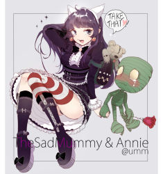 Rule 34 | 1girl, aged up, amumu, annie (league of legends), backpack, bag, black panties, blush, boots, character name, earrings, fang, flower, goth annie, goth fashion, gothic lolita, heart, height difference, highres, holding hands, jewelry, league of legends, lolita fashion, long hair, mummy, nail polish, panties, pantyshot, purple hair, rmm, rose, sitting, solid eyes, sparkle, striped clothes, striped legwear, striped thighhighs, tears, thighhighs, tibbers, tongue, tongue out, twitter username, underwear