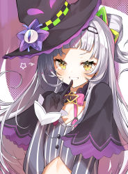 Rule 34 | 1girl, absurdres, black capelet, black gloves, black hairband, black headwear, blush, capelet, commentary request, crop top, finger to mouth, flat chest, furuki ayaginutaira, gloves, grey shirt, grin, hair bun, hairband, hand up, hat, highres, hololive, long hair, long sleeves, looking at viewer, murasaki shion, murasaki shion (1st costume), pinstripe pattern, pinstripe shirt, shirt, short eyebrows, side bun, silver hair, single hair bun, single side bun, smile, solo, striped, tilted headwear, upper body, v-shaped eyebrows, virtual youtuber, witch hat, yellow eyes