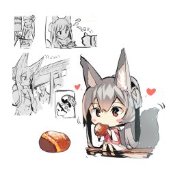 Rule 34 | !, 1girl, absurdres, animal ear fluff, animal ears, blush stickers, chibi, coin, commentary request, eating, flying sweatdrops, food, fox ears, fox girl, fox tail, grey hair, hair between eyes, heart, highres, holding, holding food, hood, hood down, hooded jacket, jacket, long hair, long sleeves, money, multiple views, notice lines, original, partially colored, piggy bank, red eyes, red jacket, skirt, soaking feet, spoken exclamation mark, tail, thumbs up, translation request, very long hair, water, white background, white skirt, wide sleeves, yuuji (yukimimi)