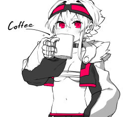 Rule 34 | 1girl, absurdres, bandages, bandaged hand, bandages, bandeau, breasts, choker, cleavage, coffee mug, cropped jacket, cup, goggles, goggles on head, hair between eyes, highres, holding, holding cup, jacket, long sleeves, looking at viewer, medium breasts, mug, navel, niwamaru (niwarhythm), niwarhythm, open clothes, open jacket, original, short hair, simple background, drinking, solo, stomach, white background