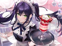 Rule 34 | 1girl, alternate costume, animal ears, apron, blush, cafe, cat, cat ears, cbi cbi, chair, closed mouth, cup, drinking glass, enmaided, food, frilled apron, frills, fruit, green eyes, highres, ice cream, looking at viewer, maid, maid apron, maid cafe, maid headdress, original, puffy short sleeves, puffy sleeves, purple hair, short sleeves, strawberry, table, tray, twintails, waitress