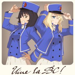 Rule 34 | 2girls, absurdres, adjusting clothes, adjusting headwear, andou (girls und panzer), back-to-back, bc freedom (emblem), bc freedom military uniform, blonde hair, blue eyes, blue headwear, blue jacket, blue vest, closed mouth, commentary, cursive, dress shirt, emblem, french commentary, french text, frown, girls und panzer, grin, hand on own hip, hat, high collar, highres, jacket, kepi, long sleeves, looking at viewer, medium hair, messy hair, military, military hat, military uniform, multiple girls, oritako, oshida (girls und panzer), pleated skirt, rounded corners, shirt, skirt, smile, standing, translated, uniform, vest, white shirt, white skirt