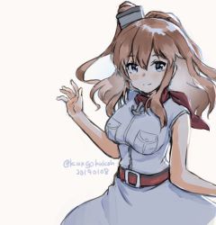 Rule 34 | 1girl, anchor, belt, blue eyes, breast pocket, breasts, brown hair, dated, dress, hair between eyes, kangoku kou, kantai collection, large breasts, looking at viewer, neckerchief, pocket, ponytail, red neckerchief, saratoga (kancolle), side ponytail, sidelocks, simple background, smile, smokestack, solo, twitter username, white background, white dress