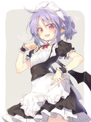 Rule 34 | 1girl, ahoge, alternate costume, apron, black skirt, blue hair, bow, bowtie, cowboy shot, detached collar, enmaided, fangs, grey background, heart, highres, long hair, looking at viewer, maid, maid headdress, open mouth, pointy ears, ponytail, puffy short sleeves, puffy sleeves, red bow, red bowtie, red eyes, remilia scarlet, satou kibi, short sleeves, skirt, slit pupils, smile, solo, standing, touhou, two-tone background, underbust, waist apron, white background, wrist cuffs
