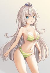 Rule 34 | 1girl, ahoge, armpits, arms at sides, bikini, blue eyes, blue hat, blurry, breasts, cleavage, collarbone, commentary request, cowboy shot, depth of field, from side, front-tie bikini top, front-tie top, green bikini, grey background, grey hair, hair ornament, hairclip, halterneck, hat, highres, kent (warship girls r), large breasts, long hair, looking at viewer, navel, open mouth, simple background, standing, string bikini, striped bikini, striped clothes, swimsuit, thighs, very long hair, warship girls r, white hat