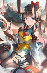 Rule 34 | 1girl, absurdres, bare shoulders, black pantyhose, blue eyes, blurry, brown hair, chinese clothes, depth of field, dress, earrings, guzangnanfeng, hair ornament, highres, horns, jewelry, layered clothes, multicolored clothes, open mouth, original, paintbrush, pantyhose, pointy ears, red ribbon, ribbon, short dress, sidelocks, sitting, skin-covered horns, tassel, tassel earrings, tassel hair ornament, wariza, wide sleeves