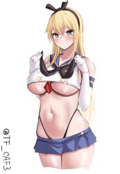 Rule 34 | 1girl, animal ears, bismarck (kancolle), black neckerchief, blonde hair, blue skirt, blush, breasts, buttons, closed mouth, commentary request, cosplay, cowboy shot, crop top, cropped shirt, double-breasted, elbow gloves, fake animal ears, gloves, green eyes, highres, kantai collection, large breasts, long hair, looking at viewer, midriff, miniskirt, navel, neckerchief, shimakaze (kancolle), shimakaze (kancolle) (cosplay), shirt, simple background, skirt, sleeveless, sleeveless shirt, solo, tf cafe, thong, twitter username, underboob, white background, white gloves