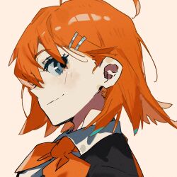 Rule 34 | 1girl, ahoge, black jacket, blue eyes, closed mouth, collared shirt, hair ornament, hairclip, hamelon310, highres, hod (project moon), jacket, lobotomy corporation, looking at viewer, medium hair, neckerchief, official alternate costume, official alternate hairstyle, orange hair, orange neckerchief, project moon, shirt, smile, solo, upper body, white shirt