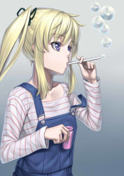 Rule 34 | 1girl, blonde hair, blue eyes, bubble, blowing bubbles, drinking straw, flat chest, h kasei, hair ribbon, long sleeves, off shoulder, original, overalls, ribbon, shirt, short hair, solo, strap slip, striped clothes, striped shirt, suspenders, twintails