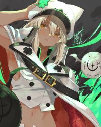 Rule 34 | 1girl, armpits, bandaged arm, bandages, belt, black background, black belt, blouse, brown eyes, cape, closed mouth, commentary request, dark-skinned female, dark skin, guilty gear, guilty gear strive, hair between eyes, hand up, hat, highres, looking to the side, navel, ramlethal valentine, shirt, sleeveless, sleeveless shirt, solo, sou (pale 1080), stomach, white hair, white hat, white shirt