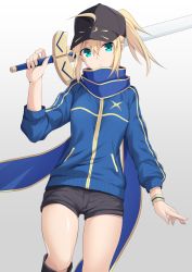 Rule 34 | 1girl, ahoge, artoria pendragon (fate), baseball cap, black hat, blonde hair, blue jacket, blue scarf, cross (crossryou), excalibur (fate/stay night), fate/grand order, fate (series), green eyes, hair through headwear, hat, highres, himitsucalibur (fate), jacket, looking at viewer, mysterious heroine x (fate), ponytail, scarf, shorts, solo, track jacket
