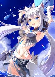Rule 34 | 1girl, ahoge, animal ear fluff, animal ears, armpits, arms up, ball, bird, blue eyes, blue sky, breasts, cat ears, cloud, cloudy sky, eight (eight3rd1), highres, holding, holding ball, honkai (series), honkai impact 3rd, in water, kiana kaslana, kiana kaslana (herrscher of finality), long hair, looking at viewer, medium breasts, navel, official art, open mouth, outdoors, sky, solo, standing, star-shaped pupils, star (symbol), summer, symbol-shaped pupils, teeth, upper body, upper teeth only, very long hair, white bird, white hair