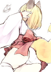 Rule 34 | 1girl, animal ears, ass, back bow, blonde hair, bow, chita (ketchup), facing away, fox ears, fox girl, fox tail, from below, hand up, japanese clothes, kimono, long sleeves, original, panties, pleated skirt, red bow, red skirt, signature, simple background, skirt, sleeves past wrists, solo, tail, thighhighs, underwear, white background, white kimono, white panties, white thighhighs