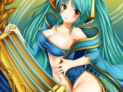 Rule 34 | 1girl, aqua hair, bare shoulders, blush, breasts, cape, hair ornament, highres, large breasts, league of legends, long hair, looking at viewer, navel, no panties, solo, sona (league of legends), twintails, waist hold, yellow eyes