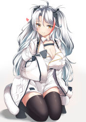 Rule 34 | 1girl, absurdres, antenna hair, azur lane, black gloves, black thighhighs, blush, breasts, brown eyes, cleavage, closed mouth, coat, cosplay, dress, full body, fur-trimmed coat, fur-trimmed sleeves, fur trim, gloves, gradient background, grey background, hair between eyes, heart, highres, kneeling, large breasts, long hair, long sleeves, looking at viewer, moyoron, multicolored hair, no shoes, open clothes, open coat, pamiat merkuria (azur lane), pamiat merkuria (azur lane) (cosplay), parted bangs, prinz eugen (azur lane), red hair, shadow, silver hair, sleeves past wrists, smile, solo, streaked hair, thighhighs, two side up, very long hair, white background, white coat, white dress, wide sleeves
