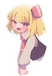 Rule 34 | 1girl, ascot, black vest, blonde hair, collared shirt, fang, hair ribbon, highres, long sleeves, looking at viewer, open mouth, oyatu potage, red ascot, red eyes, red ribbon, ribbon, rumia, shirt, short hair, simple background, skin fang, solo, touhou, upper body, vest, white background, white shirt