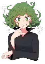 Rule 34 | 1girl, ?, absurdres, black dress, closed mouth, cropped torso, dress, green eyes, green hair, highres, long sleeves, looking at viewer, medium hair, one-punch man, simple background, solo, sorapoi, tatsumaki, upper body, wavy hair, white background