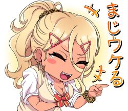Rule 34 | +++, 1girl, blonde hair, blush stickers, bow, bowtie, breasts, chibi, cleavage, commentary request, closed eyes, fake nails, gyaru, hair between eyes, hair ornament, hairclip, japanese text, kinjyou (shashaki), kogal, laughing, lightning bolt earrings, long hair, loose clothes, loose neckwear, loose shirt, original, pointing, ponytail, school uniform, scrunchie, shashaki, shirt, solo, tearing up, translated, wrist scrunchie