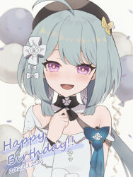 Rule 34 | 1girl, :d, balloon, bare shoulders, beret, black hat, commentary request, confetti, dress, eyebrows hidden by hair, grey background, griseo, griseo (starry impression), hand up, hat, highres, honkai (series), honkai impact 3rd, looking at viewer, off-shoulder dress, off shoulder, open mouth, purple eyes, simple background, smile, solo, upper body, ura (hamburg oniku), white dress