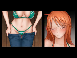 Rule 34 | 1girl, bare arms, bikini, bikini top only, blush, breasts, brown eyes, cleavage, close-up, closed mouth, clothes pull, denim, embarrassed, closed eyes, groin, indoors, jeans, large breasts, legs, legs together, long hair, nami (one piece), navel, one piece, orange hair, pants, pants pull, ponte, sequential, solo, standing, striped, swimsuit, thighs, thong, unbuttoned, undressing