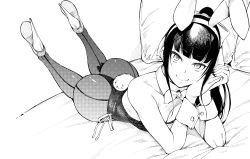 Rule 34 | 1girl, animal ears, ass, bed, black hair, blunt bangs, breasts, cleavage, cuff links, fake animal ears, fake tail, greyscale, high heels, highres, leotard, monochrome, narberal gamma, overlord (maruyama), pantyhose, pillow, playboy bunny, ponytail, rabbit ears, rabbit tail, tail, tarakan