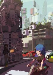Rule 34 | 1boy, 1girl, bad id, blue hair, brown eyes, city, highres, holographic interface, holographic monitor, miniskirt, motor vehicle, motorcycle, original, science fiction, screen, skirt, sunglasses, thighhighs, tomioka jirou, vehicle