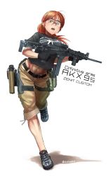 Rule 34 | 1girl, akx-9, assault rifle, crop top, crop top overhang, didloaded, foregrip, full body, goggles, gun, handgun, highres, holding, holding gun, holding weapon, holster, long hair, looking at viewer, magazine (object), magazine (weapon), matching hair/eyes, midriff, navel, open mouth, orange eyes, orange hair, original, pistol, ponytail, rifle, scope, shirt, shoes, simple background, sneakers, solo, taut clothes, taut shirt, thigh holster, trigger discipline, vertical forward grip, weapon