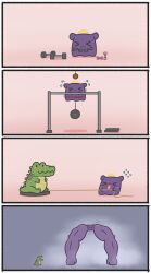 Rule 34 | &gt; &lt;, 2others, 4koma, absurdres, chibi, comic, commentary, cookie, crocodilian, dumbbell, english text, exercising, fang, flying sweatdrops, food, halo, highres, hololive, hololive english, investigator (amelia watson), mpien, multiple others, no humans, octopus, open mouth, pulling, pullups, rope, silent comic, string, takodachi (ninomae ina&#039;nis), virtual youtuber, weightlifting, weights