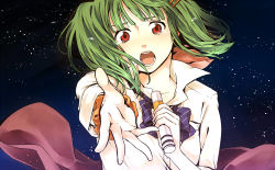 Rule 34 | 1girl, bow, crying, crying with eyes open, green hair, hair ornament, hairclip, looking at viewer, macross, macross frontier, macross frontier: sayonara no tsubasa, microphone, music, open mouth, outstretched arm, outstretched hand, ranka lee, red eyes, school uniform, scrunchie, short hair, singing, sky, solo, star (sky), starry sky, teardrop, tears, teeth, tenni noboru, wind, wind lift, wrist scrunchie