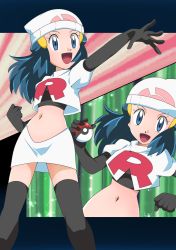 Rule 34 | 1girl, :d, beanie, blue eyes, blue hair, boots, clenched hand, cosplay, creatures (company), cropped jacket, dawn (pokemon), elbow gloves, eyelashes, game freak, gloves, hainchu, hat, highres, holding, holding poke ball, jacket, jessie (pokemon), jessie (pokemon) (cosplay), long hair, looking at viewer, multiple views, navel, nintendo, open mouth, poke ball, pokemon, pokemon (anime), pokemon dppt (anime), skirt, smile, spread fingers, team rocket, team rocket uniform, thigh boots, thighhighs, tongue, white headwear, white jacket, white skirt