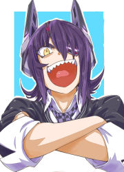 Rule 34 | &gt;:d, 10s, 1girl, :d, crossed arms, eyepatch, headgear, kantai collection, necktie, open mouth, purple hair, sharp teeth, short hair, simple background, sleeves rolled up, smile, solo, teeth, tenryuu (kancolle), tongue, torichamaru, v-shaped eyebrows, yellow eyes