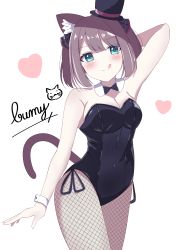 Rule 34 | 1girl, :q, animal ear fluff, animal ears, arm behind head, arm up, ashitaba kemo, bare shoulders, black bow, black bowtie, black hat, black leotard, blush, bow, bowtie, breasts, brown hair, cat ears, cat girl, cat tail, cleavage, closed mouth, collar, commentary request, fishnet pantyhose, fishnets, green eyes, hair between eyes, hat, highres, leotard, looking at viewer, medium breasts, mini hat, mini top hat, original, pantyhose, signature, simple background, smile, solo, strapless, strapless leotard, tail, tilted headwear, tongue, tongue out, top hat, white background, white collar, wing collar, wrist cuffs