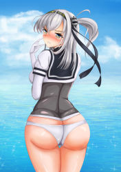 Rule 34 | 1girl, ass, backboob, bakaroba, blush, breasts, butt crack, clenched teeth, elbow gloves, from behind, gloves, green eyes, hair ribbon, hairband, highres, kantai collection, large breasts, long hair, looking at viewer, looking back, panties, ribbon, shiny clothes, shiny skin, side ponytail, silver hair, solo, suzutsuki (kancolle), tears, teeth, underwear, wide hips