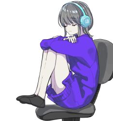 1girl black_socks chair closed_eyes closed_mouth crossed_arms dress grey_hair headphones highres long_sleeves office_chair on_chair original purple_dress short_hair simple_background sitting socks solo sweater sweater_dress swivel_chair white_background yoshioka_suke