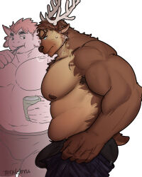 Rule 34 | 2boys, abs, animal ears, antlers, armpit hair, armpit hair peek, artist request, ass, bara, belly, big belly, black male underwear, blank stare, boxers, brown fur, bulge, bulge lift, chest hair, deer ears, dressing, eyebrow cut, facial hair, fat, fat man, feet out of frame, from side, furry, furry male, furry with furry, goatee, highres, horns, i&#039;ve never seen a guy recreate this successfully tbh (meme), large hands, large pectorals, looking at bulge, male focus, male underwear, meme, motion lines, multiple boys, muscular, muscular male, nipples, open pants, original, pants, pants lift, pectorals, pink fur, reindeer antlers, reindeer boy, short hair, sideburns, stomach, stubble, thick eyebrows, topless male, undersized clothes, underwear, yaoi