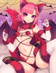 Rule 34 | 1girl, animal ears, bandaid, bandaid hair ornament, bat (animal), bat wings, breasts, clenched teeth, cosplay, fur trim, gloves, hair ornament, halloween, halloween costume, heart, heart-shaped pupils, highres, looking at viewer, marota, mash kyrielight, mash kyrielight (dangerous beast), mash kyrielight (dangerous beast) (cosplay), nail polish, navel, official alternate costume, original, pink hair, pointy ears, red eyes, red nails, short hair, small breasts, smile, solo, symbol-shaped pupils, tail, teeth, thighhighs, twitter username, white gloves, white thighhighs, wings, wolf ears, wolf tail