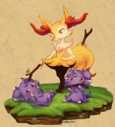 Rule 34 | 1girl, akasou, animal ears, animal hands, artist name, beige background, braixen, colored sclera, creatures (company), espurr, feet, female focus, fox ears, fox tail, full body, furry, furry female, game freak, gen 6 pokemon, grass, hand on own hip, hands up, highres, jpeg artifacts, looking down, lying, mouth hold, nintendo, on back, open mouth, orange eyes, pink sclera, pokemon, pokemon (creature), pokemon xy, purple eyes, signature, simple background, sitting, smile, standing, stick, tail, text focus
