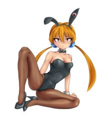 Rule 34 | 1girl, alisa southerncross, alternate costume, animal ears, bare arms, bare shoulders, black footwear, black leotard, bow, bowtie, breasts, cleavage, crotch, detached collar, eyebrows, fake animal ears, female focus, hair bobbles, hair ornament, hairband, high heels, highres, keroro gunsou, leg up, leotard, long hair, looking at viewer, low twintails, medium breasts, nebula (keroro), orange hair, pantyhose, pink eyes, playboy bunny, rabbit ears, rabbit tail, simple background, solo, spread legs, tail, thighs, tsukasa (srs-z750), twintails, white background, wrist cuffs
