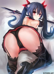 Rule 34 | 1girl, all fours, ass, bare shoulders, black dress, black hair, black panties, blush, boots, breasts, dress, elbow gloves, embarrassed, fingerless gloves, garter straps, gloves, hair ribbon, long hair, looking at viewer, looking back, medium breasts, neptune (series), noire (neptunia), panties, pantyshot, polearm, red eyes, ribbon, shiny skin, skirt, solo, spear, suterisu, thigh boots, thighhighs, twintails, underwear, very long hair, weapon